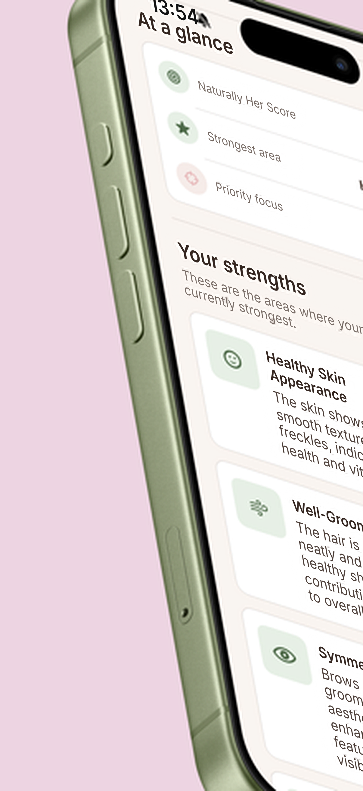 Naturally Her at-a-glance assessment with score, strongest areas and strengths